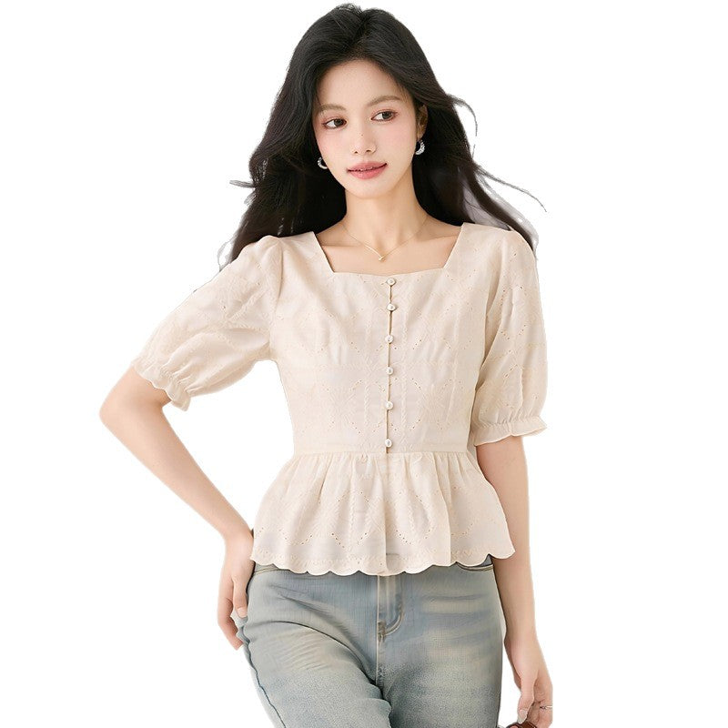 Chic Youthful Square Neck Short Sleeve Blouse for Women, Fitted Elegant Short Lace Top