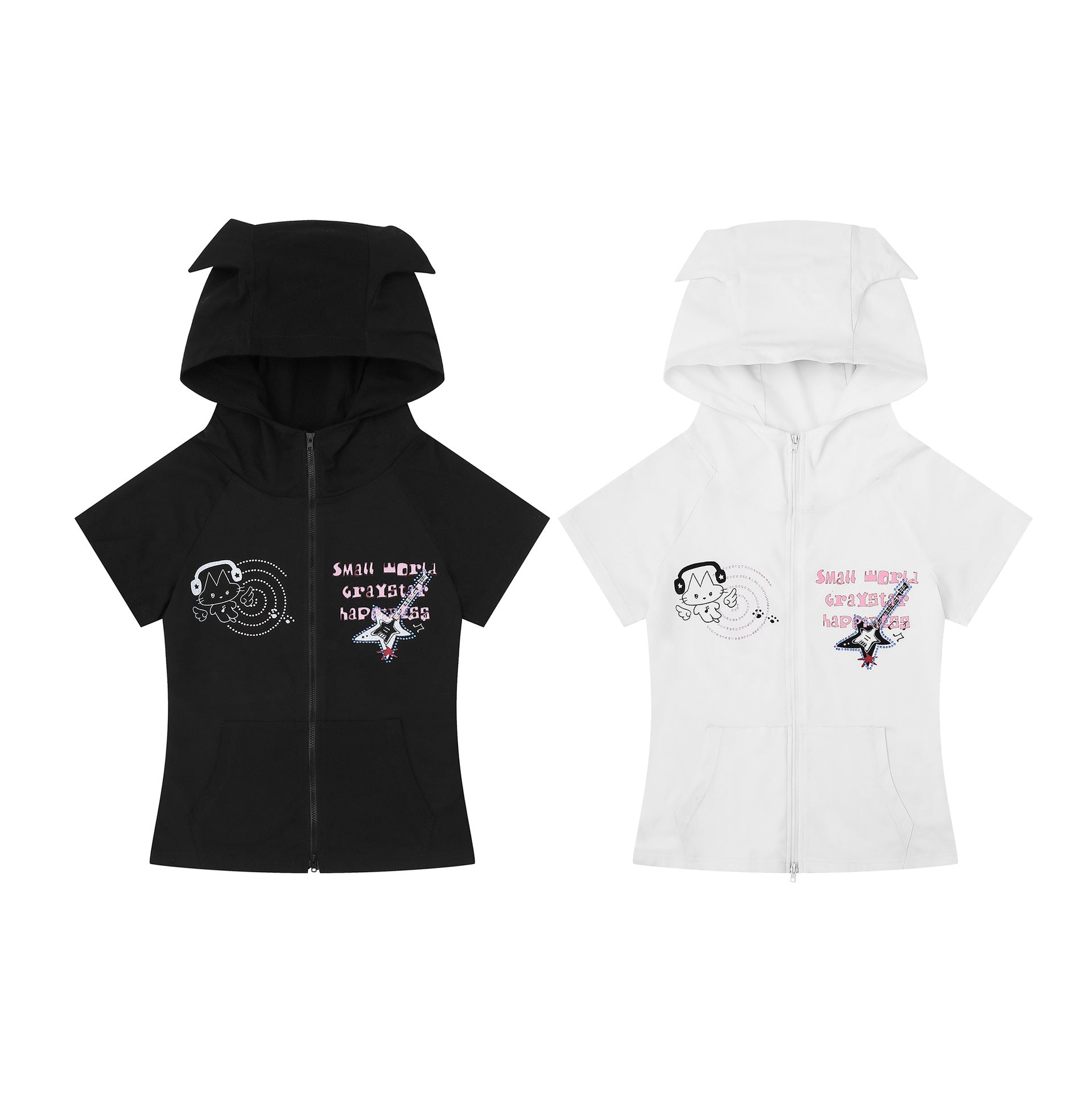 Cute Cat Ear Hoodie Short Sleeve Jacket for Women, Cartoon Guitar Print Slim Fit Top