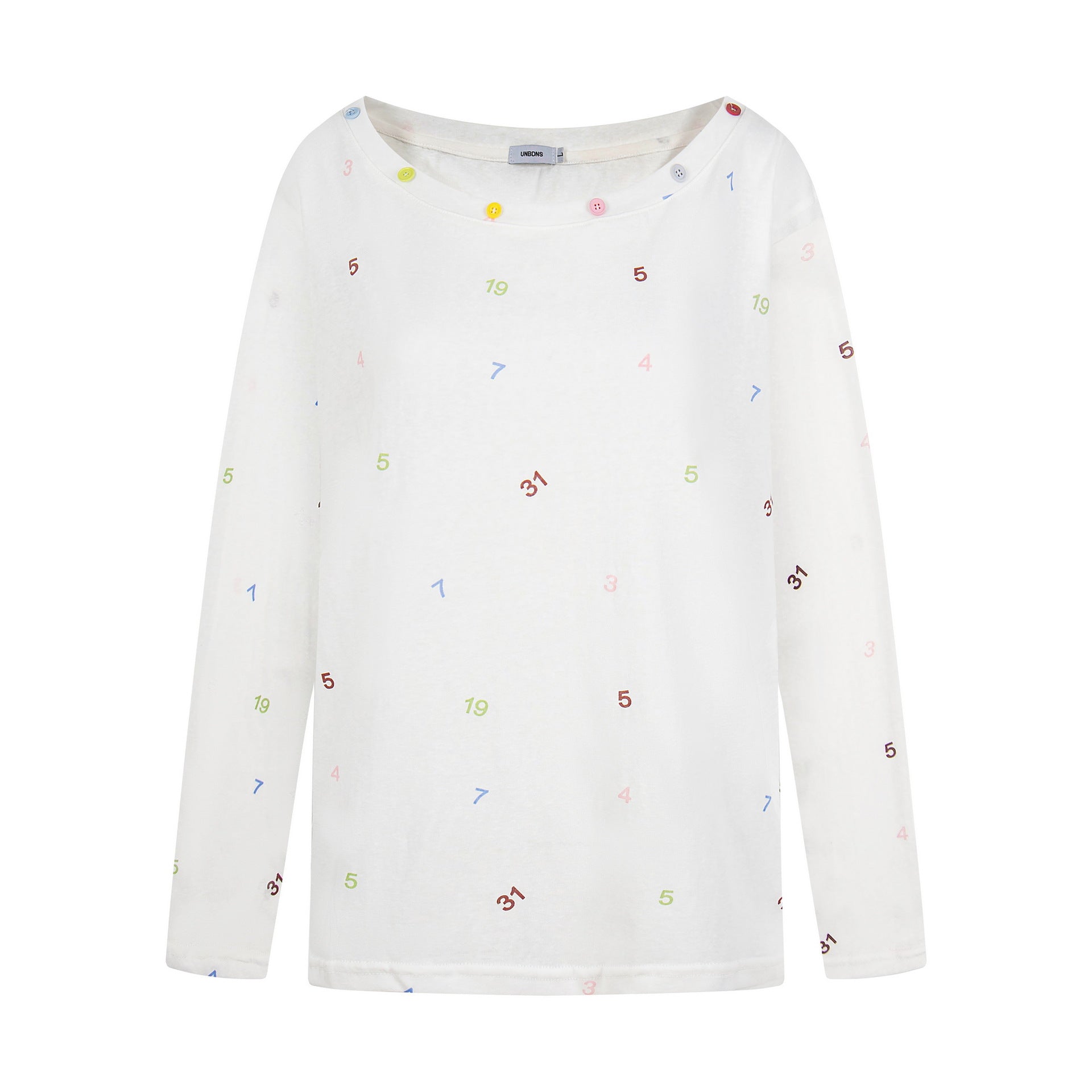 Print Button Decor Long Sleeve T-Shirt Women Loose Round Neck Casual Top