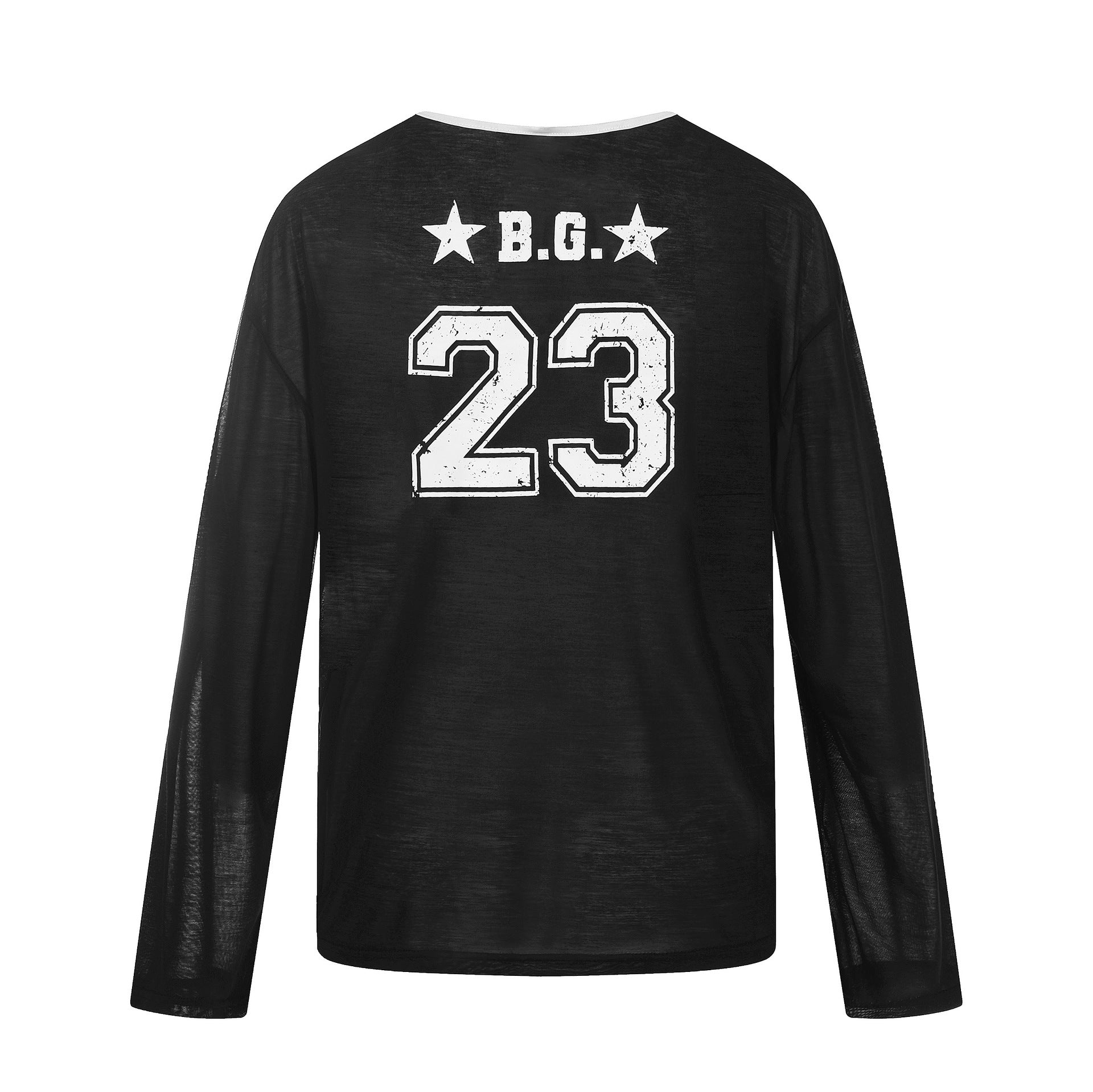 Color-Blocking V-Neck Digital Print Loose T-Shirt Long Sleeve