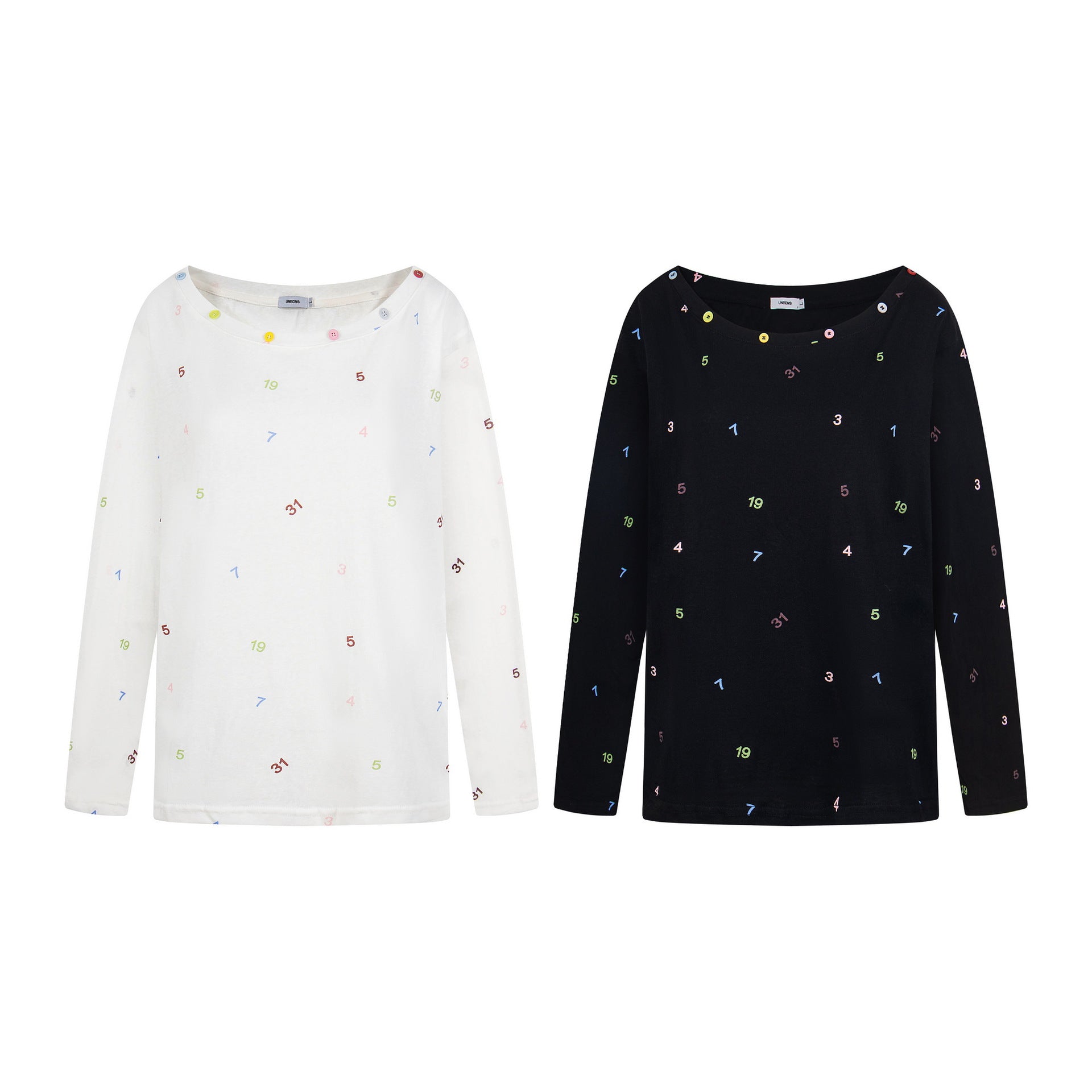Print Button Decor Long Sleeve T-Shirt Women Loose Round Neck Casual Top