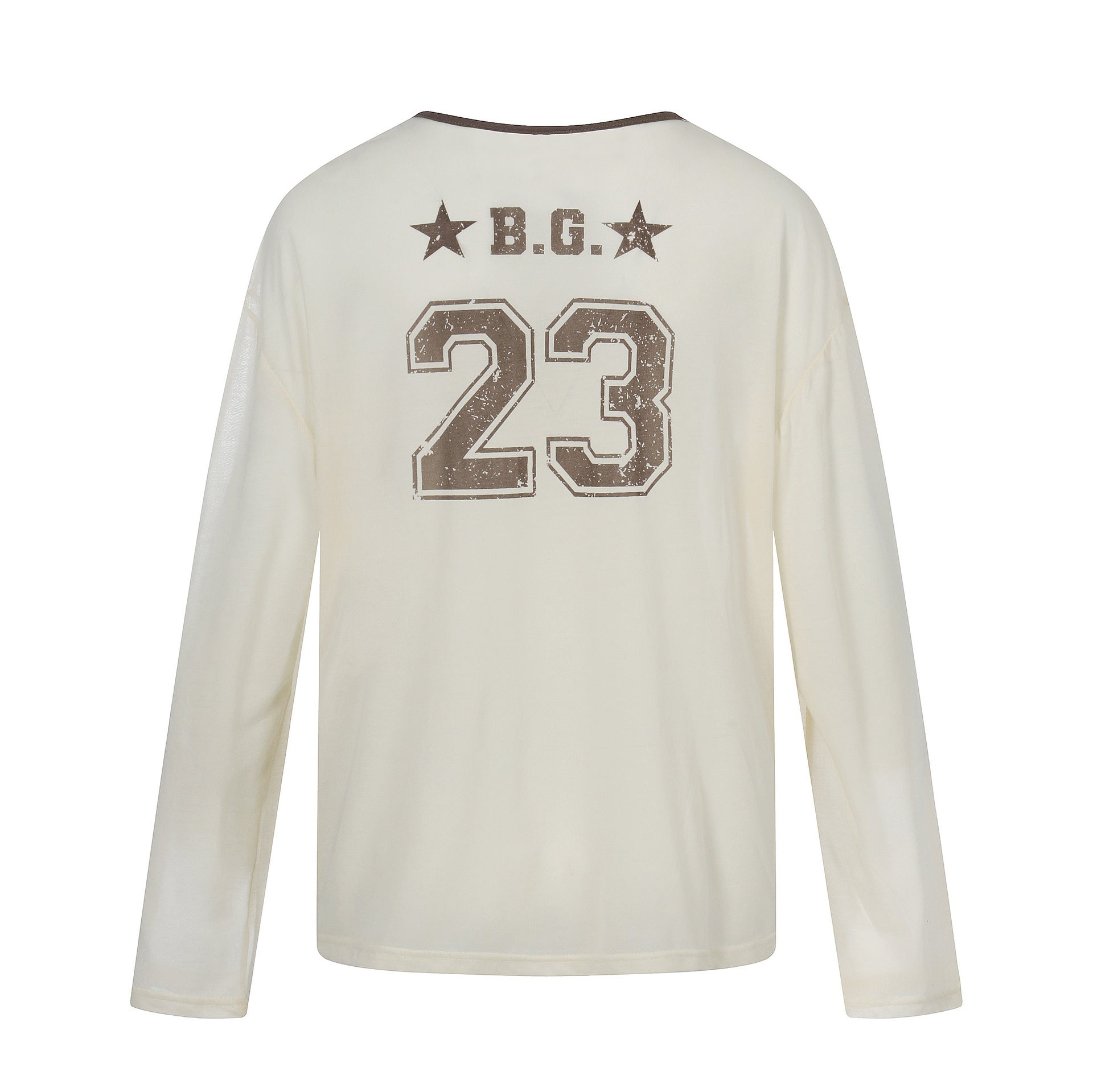 Color-Blocking V-Neck Digital Print Loose T-Shirt Long Sleeve