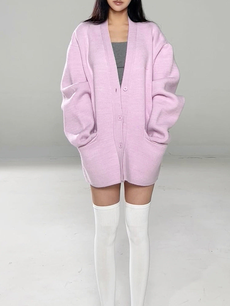 Thick Retro Chic Deep V-Neck Oversized Loose Knit Cardigan Sweater Coat Outerwear