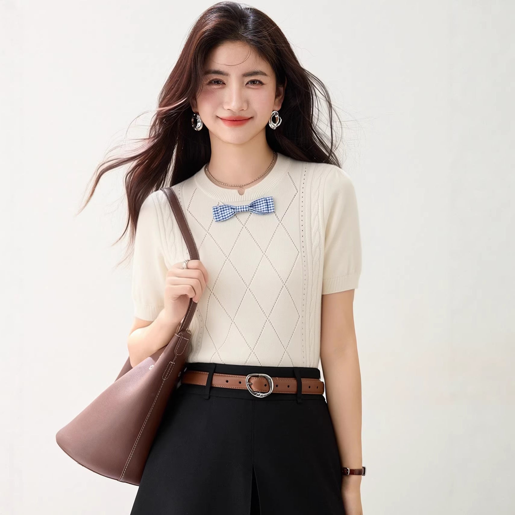 Bow Decorated Knit Regular Shoulder Short Sleeve T-Shirt for Women, Fitted Trendy Casual Top