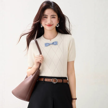 Bow Decorated Knit Regular Shoulder Short Sleeve T-Shirt for Women, Fitted Trendy Casual Top