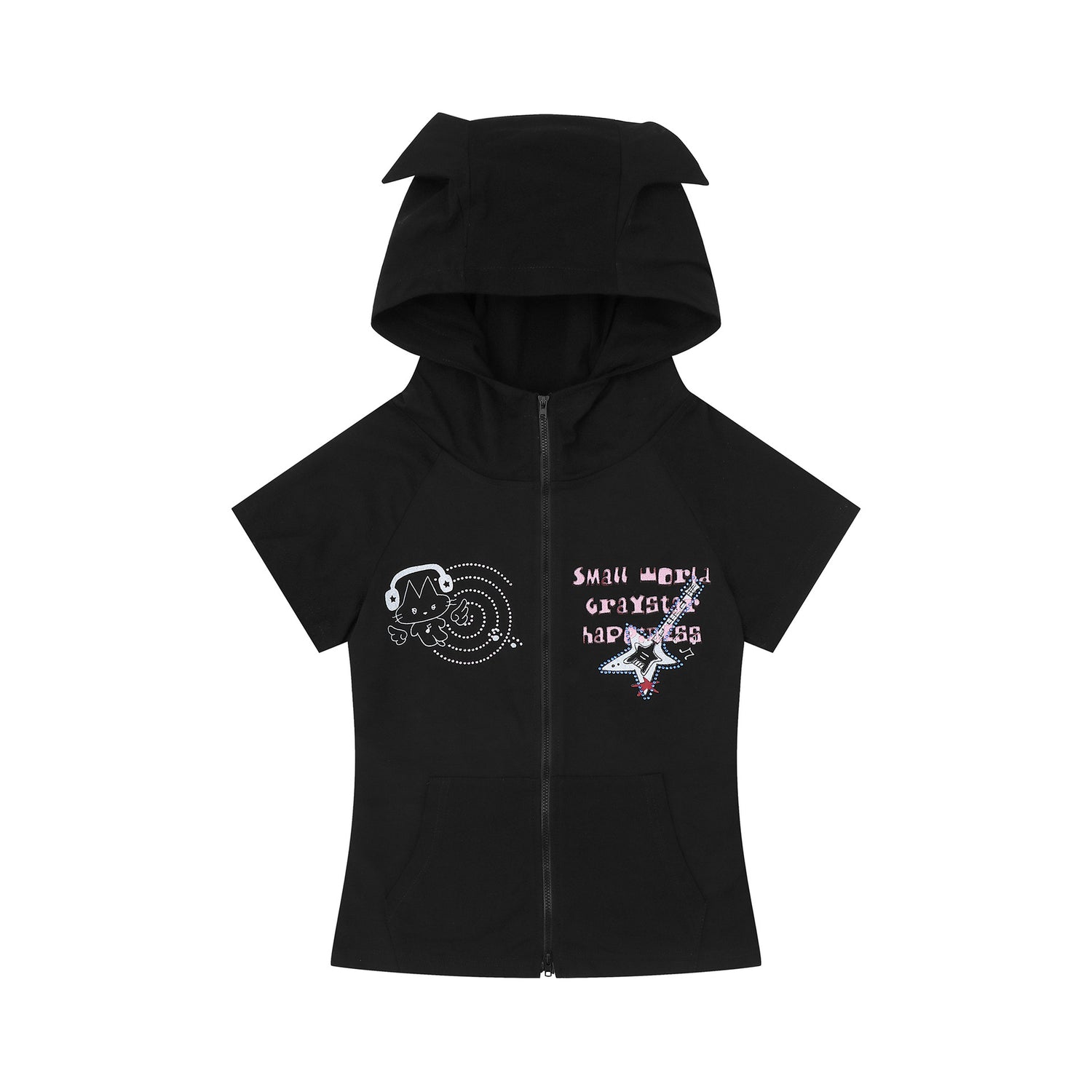 Cute Cat Ear Hoodie Short Sleeve Jacket for Women, Cartoon Guitar Print Slim Fit Top