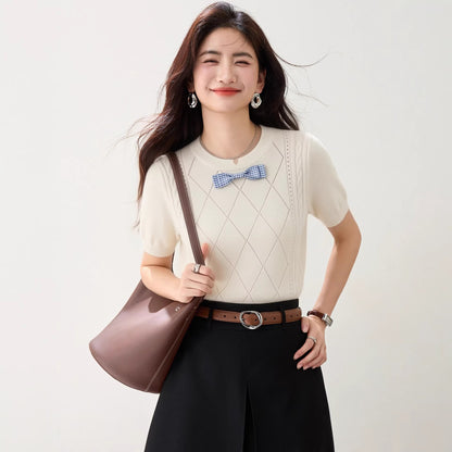 Bow Decorated Knit Regular Shoulder Short Sleeve T-Shirt for Women, Fitted Trendy Casual Top