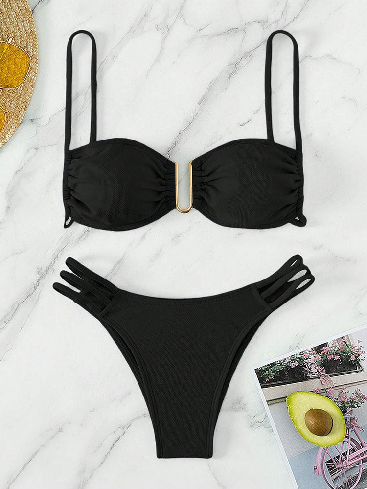 Solid Color Sexy Bikini Set, Three-Piece Beach Swimwear for Women