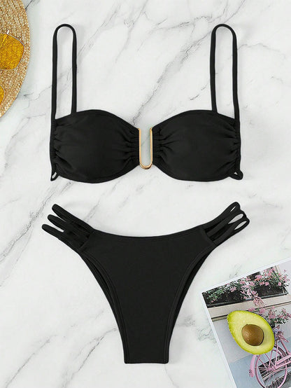 Solid Color Sexy Bikini Set, Three-Piece Beach Swimwear for Women
