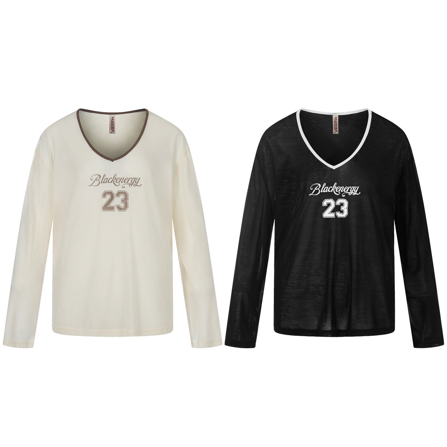 Color-Blocking V-Neck Digital Print Loose T-Shirt  Long Sleeve