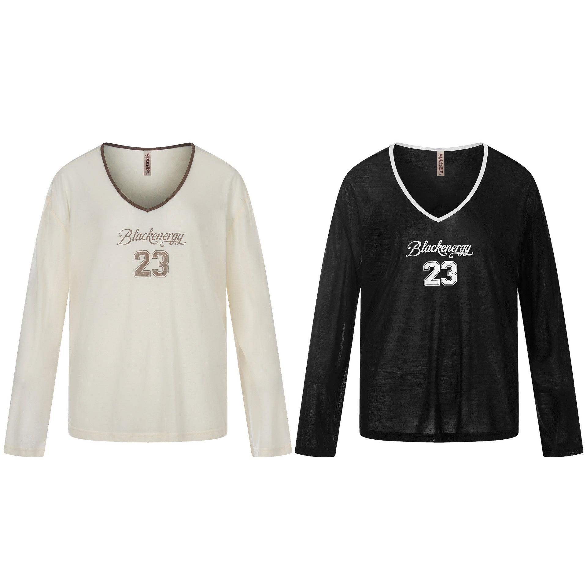Color-Blocking V-Neck Digital Print Loose T-Shirt  Long Sleeve