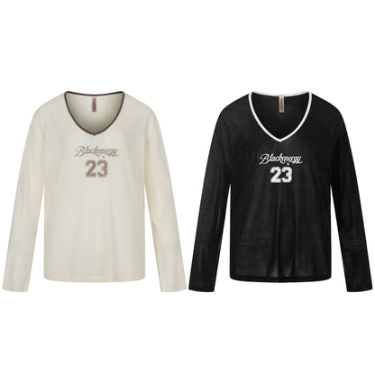 Color-Blocking V-Neck Digital Print Loose T-Shirt  Long Sleeve