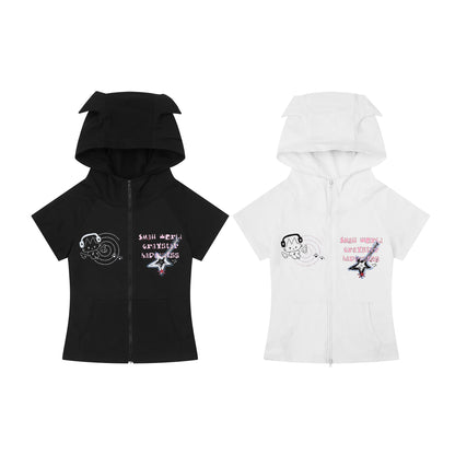 Cute Cat Ear Hoodie Short Sleeve Jacket for Women, Cartoon Guitar Print Slim Fit Top