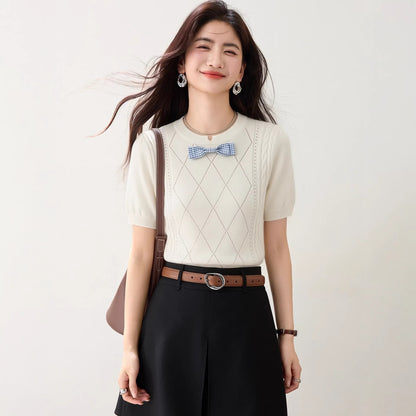 Bow Decorated Knit Regular Shoulder Short Sleeve T-Shirt for Women, Fitted Trendy Casual Top