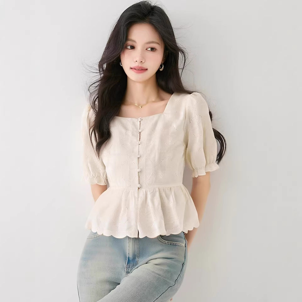 Chic Youthful Square Neck Short Sleeve Blouse for Women, Fitted Elegant Short Lace Top