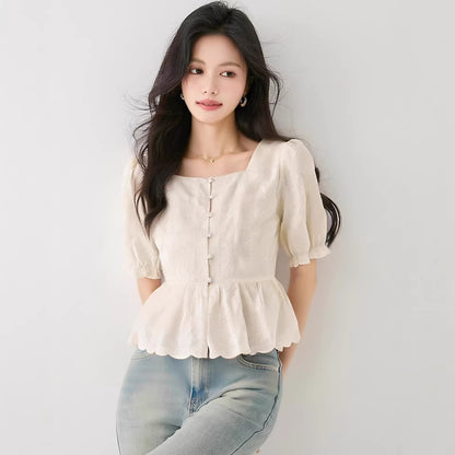 Chic Youthful Square Neck Short Sleeve Blouse for Women, Fitted Elegant Short Lace Top