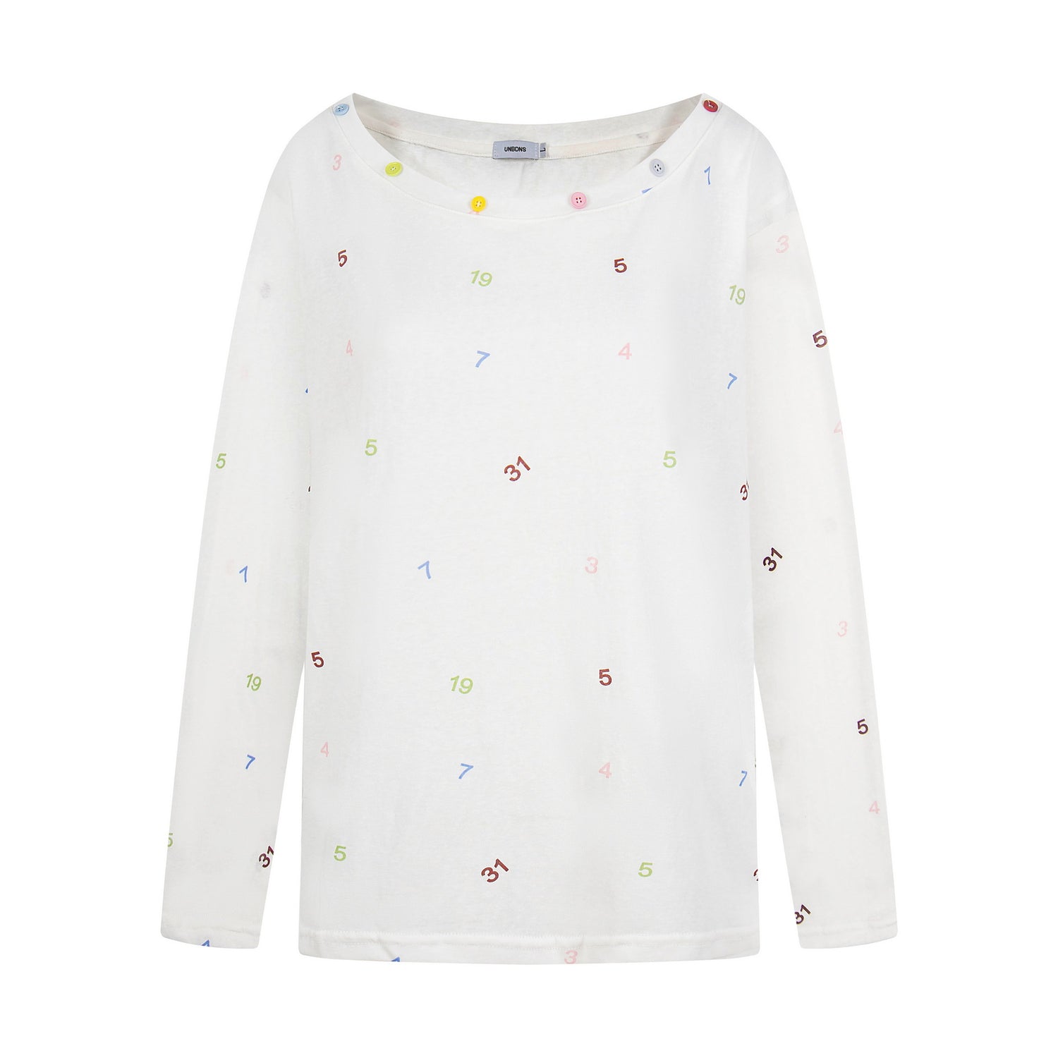 Print Button Decor Long Sleeve T-Shirt Women Loose Round Neck Casual Top