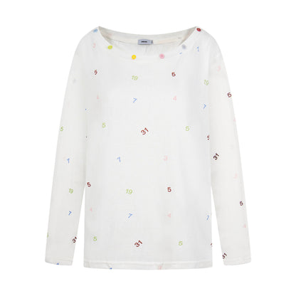 Print Button Decor Long Sleeve T-Shirt Women Loose Round Neck Casual Top