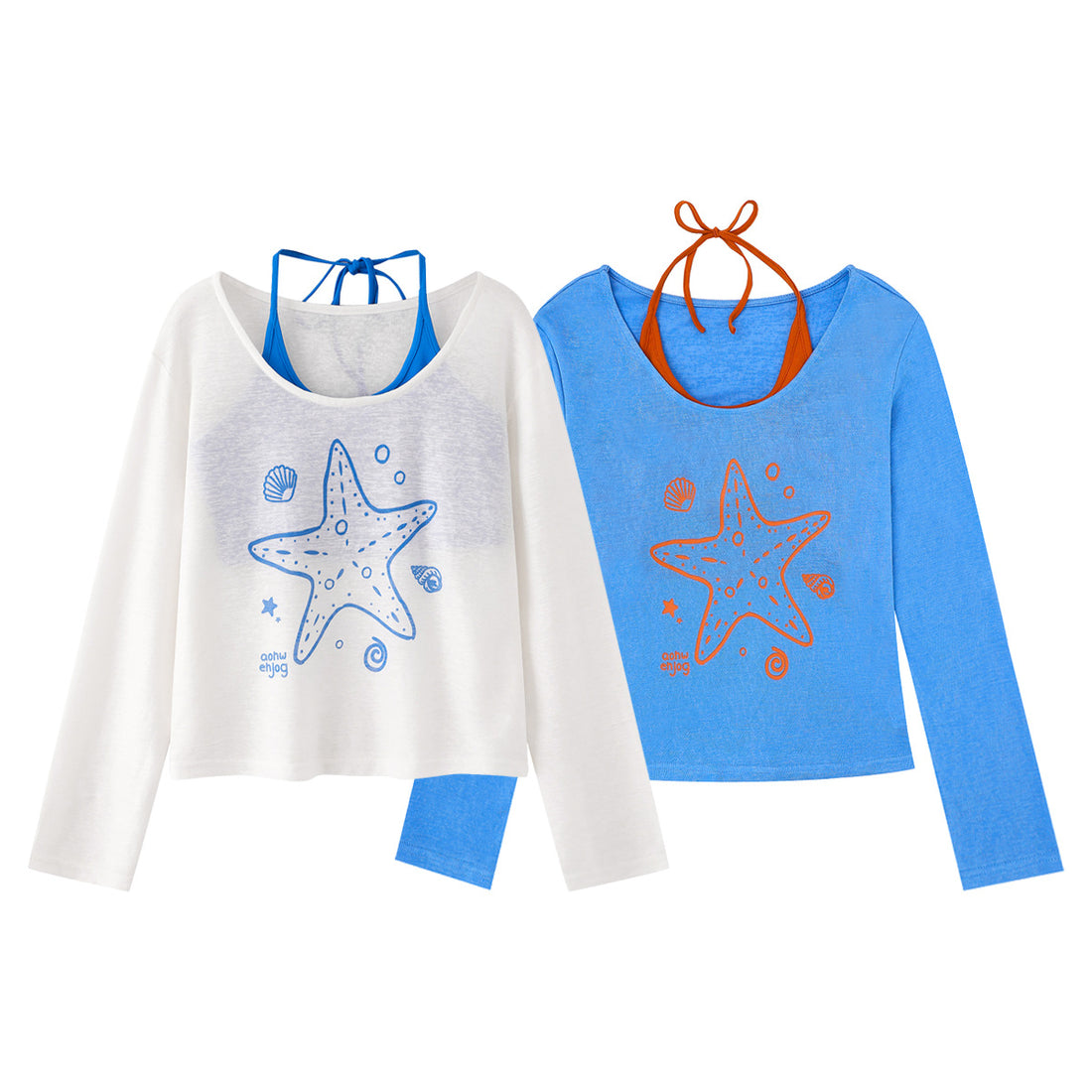 Starfish Print Two-Piece Strap Long Sleeve T-Shirt for Women, Color-Blocking Tie-Waist Slim Fit Cropped Top