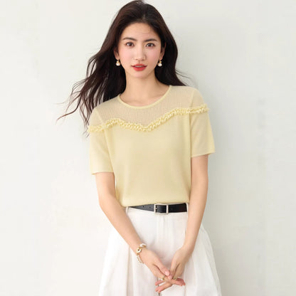 SweetTop Round Neck with Lace Trim Solid Color Versatile Short Sleeve Knitwear for Women