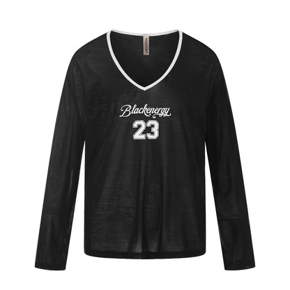 Color-Blocking V-Neck Digital Print Loose T-Shirt  Long Sleeve