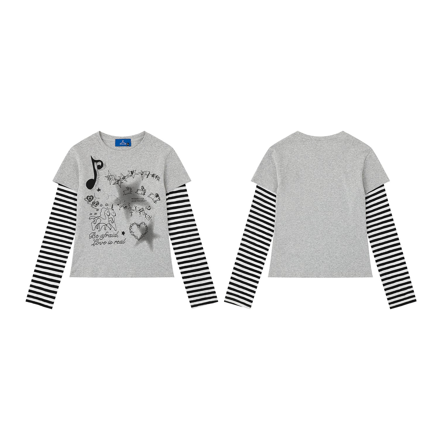 Heart False Two-Piece Long Sleeve Striped Sleeve Slim Fit Sweet Cool Style Top