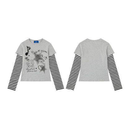 Heart False Two-Piece Long Sleeve Striped Sleeve Slim Fit Sweet Cool Style Top