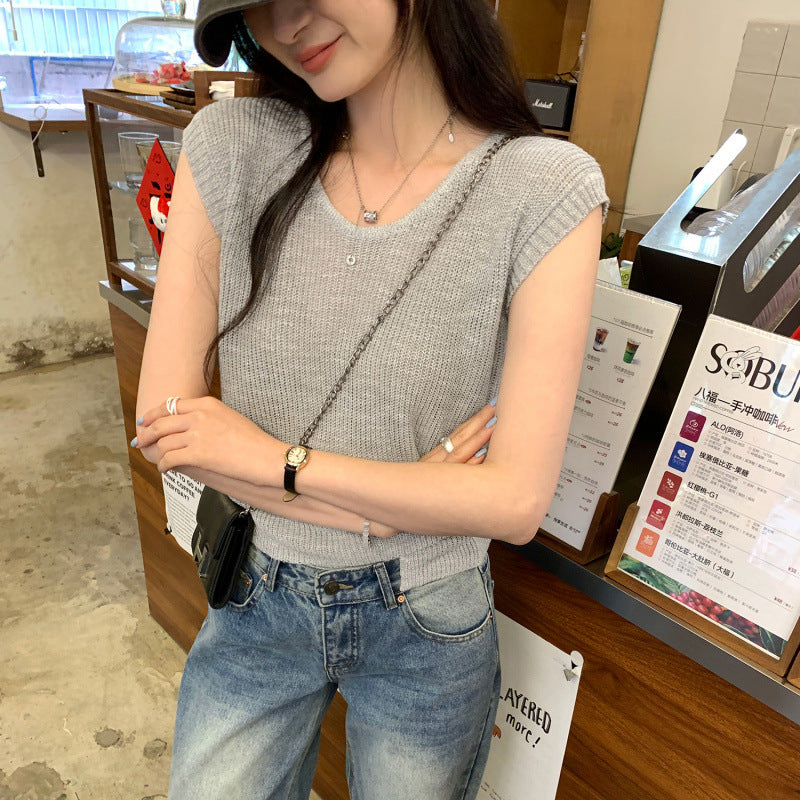Thai Style Sleeveless Knit Cardigan Vest Buttoned Waist-Cinched Short Top