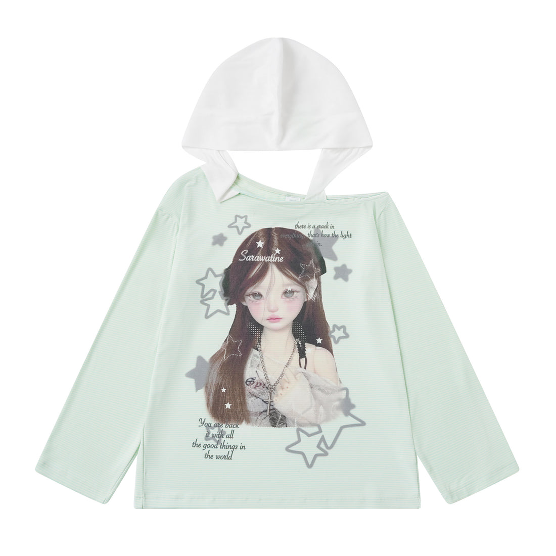 Star Print Top with Color-Block Hooded Long Sleeves