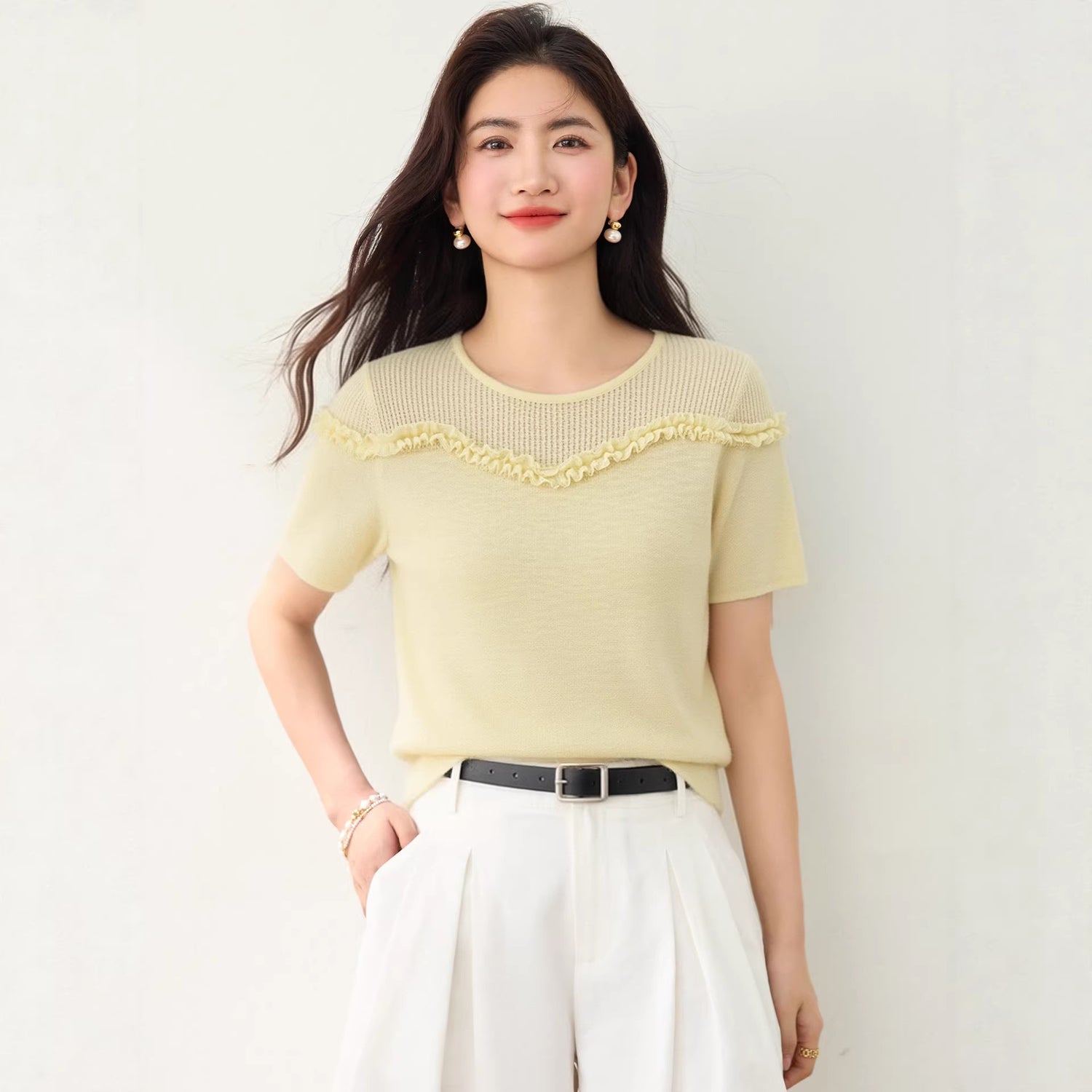 SweetTop Round Neck with Lace Trim Solid Color Versatile Short Sleeve Knitwear for Women