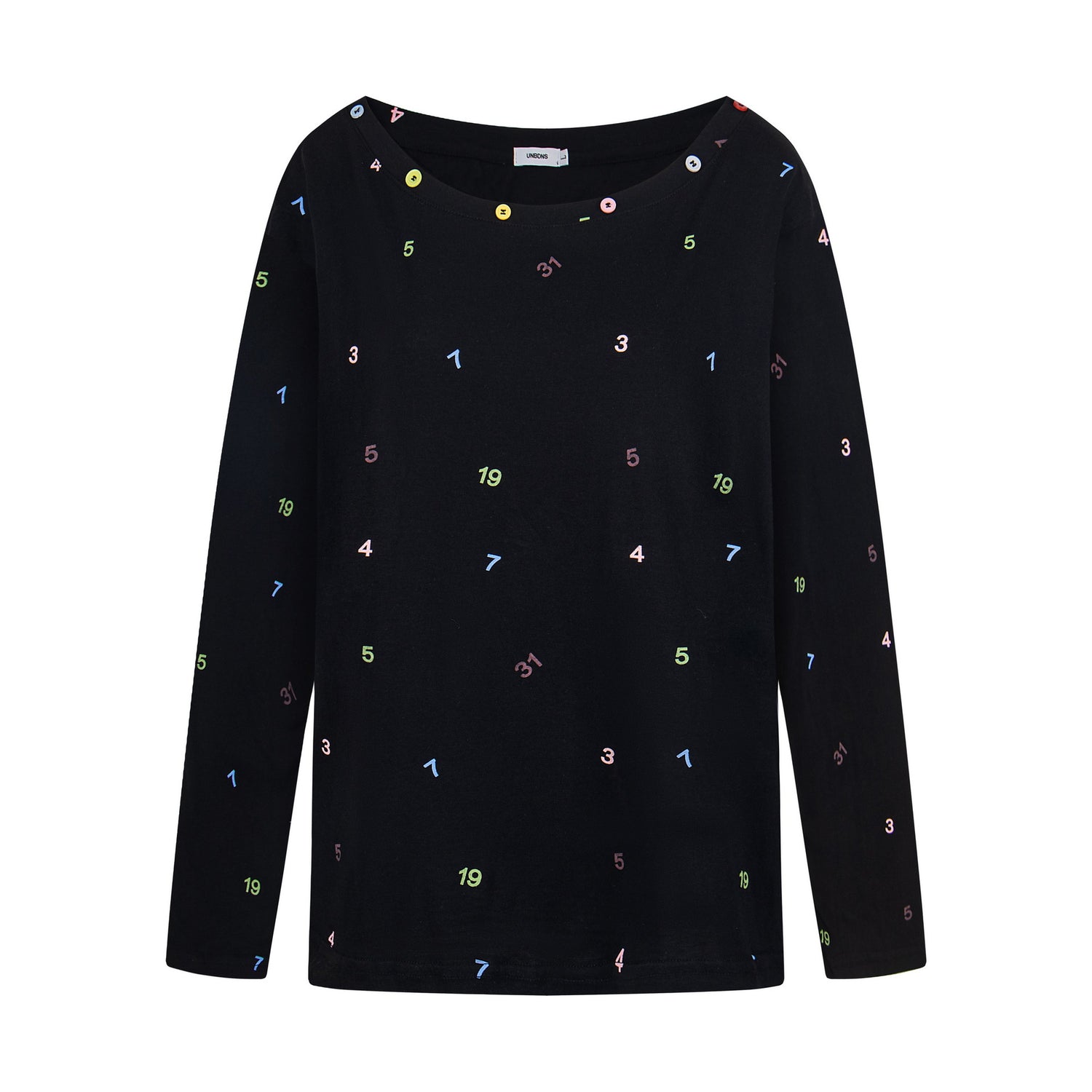 Print Button Decor Long Sleeve T-Shirt Women Loose Round Neck Casual Top