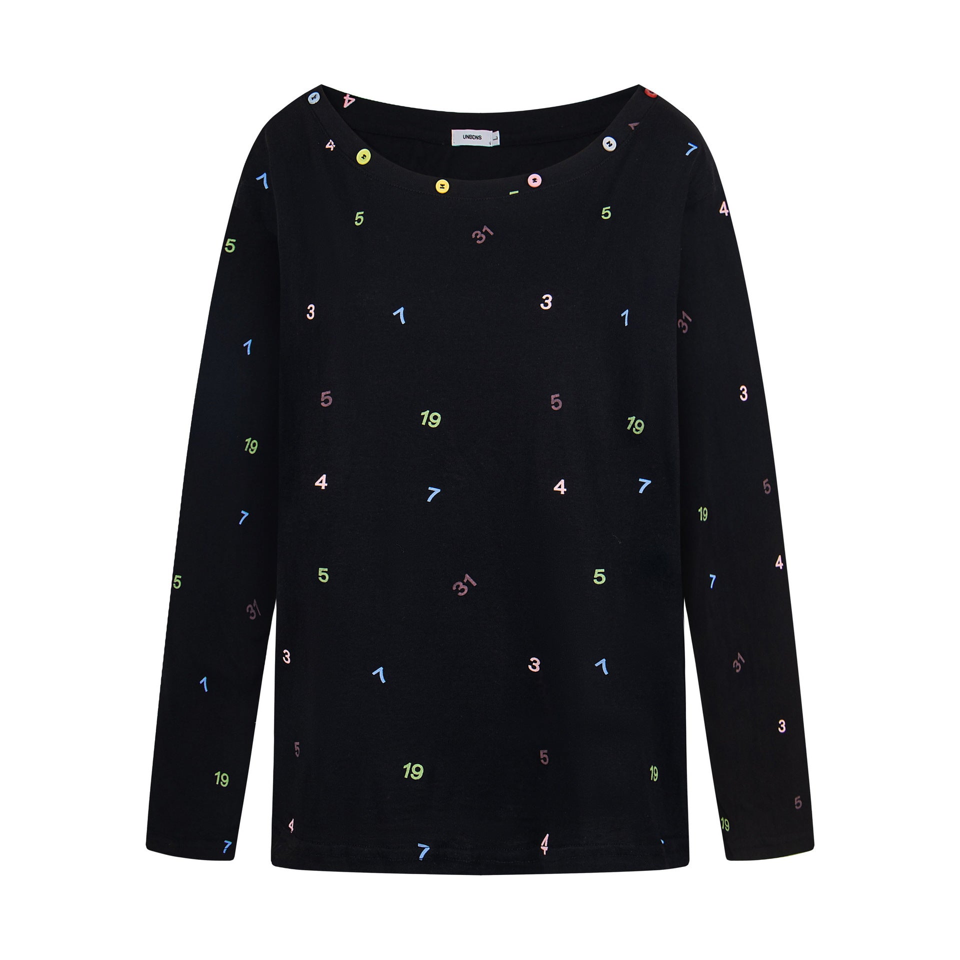 Print Button Decor Long Sleeve T-Shirt Women Loose Round Neck Casual Top