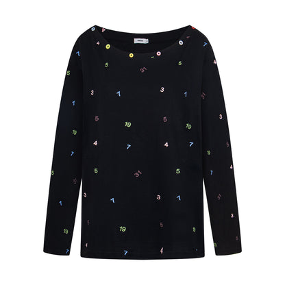 Print Button Decor Long Sleeve T-Shirt Women Loose Round Neck Casual Top