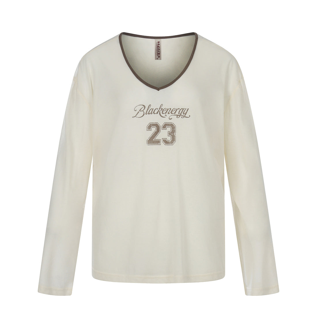 Color-Blocking V-Neck Digital Print Loose T-Shirt  Long Sleeve