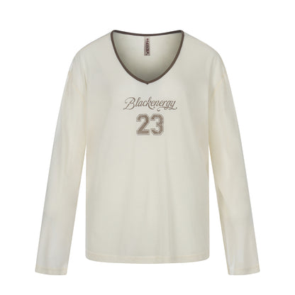 Color-Blocking V-Neck Digital Print Loose T-Shirt  Long Sleeve
