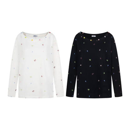 Print Button Decor Long Sleeve T-Shirt Women Loose Round Neck Casual Top