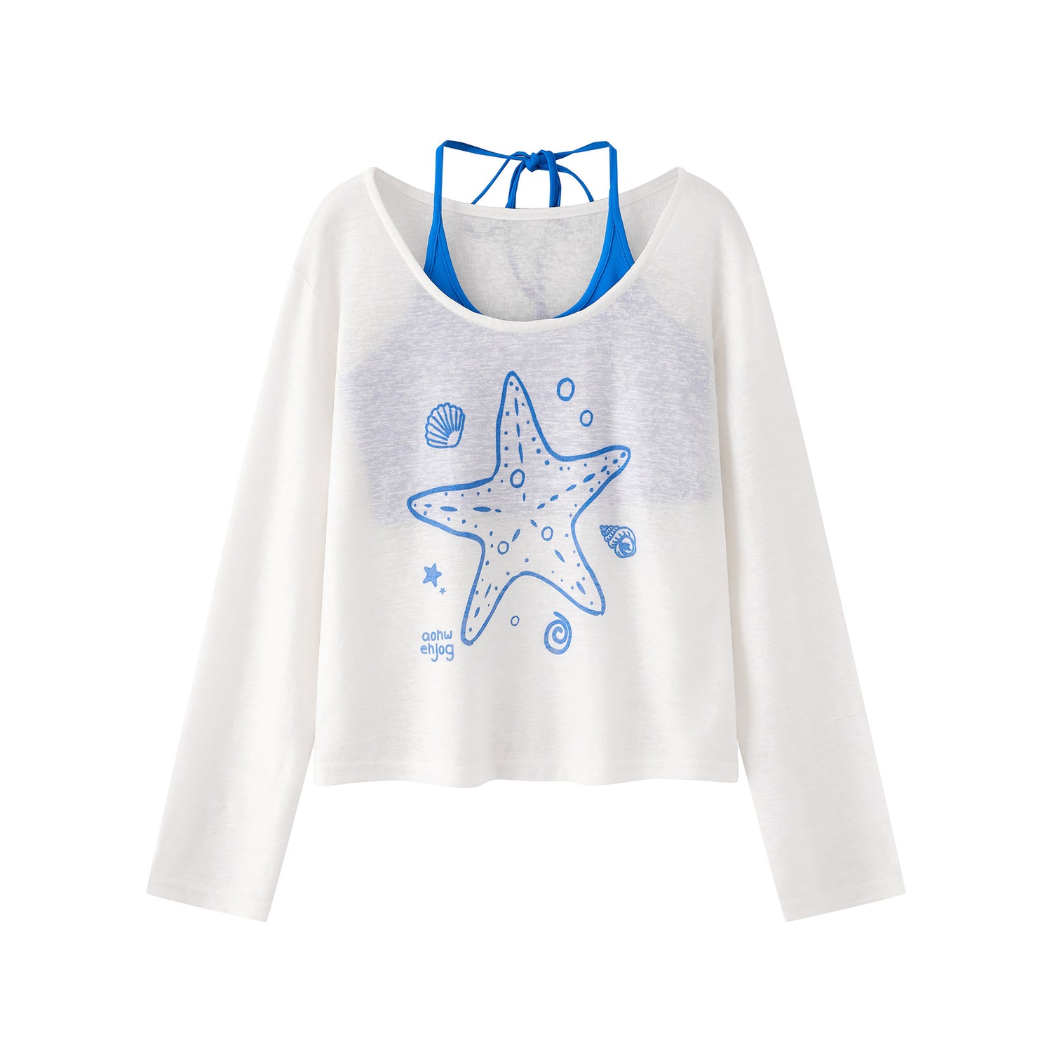 Starfish Print Two-Piece Strap Long Sleeve T-Shirt for Women, Color-Blocking Tie-Waist Slim Fit Cropped Top