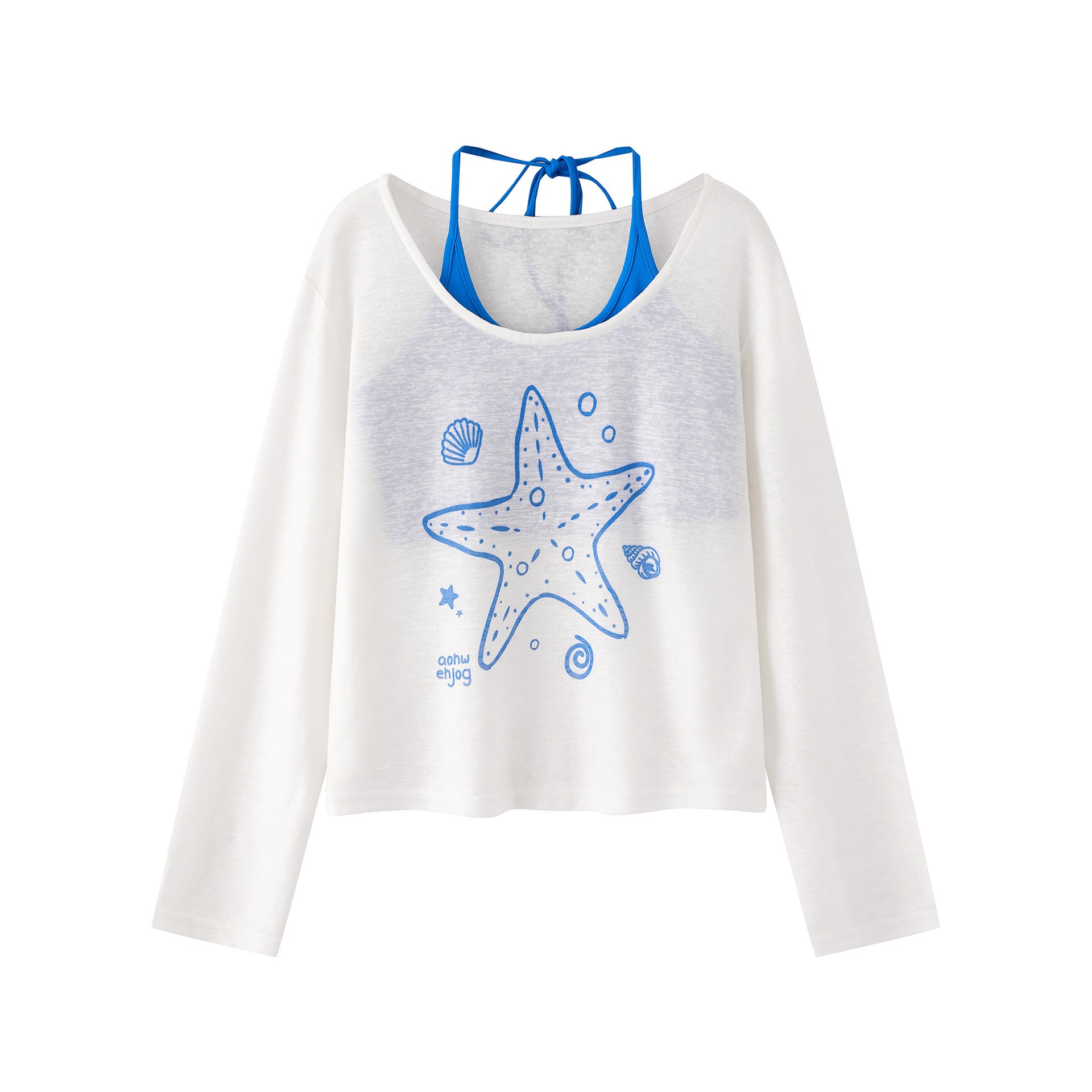 Starfish Print Two-Piece Strap Long Sleeve T-Shirt for Women, Color-Blocking Tie-Waist Slim Fit Cropped Top