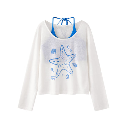 Starfish Print Two-Piece Strap Long Sleeve T-Shirt for Women, Color-Blocking Tie-Waist Slim Fit Cropped Top