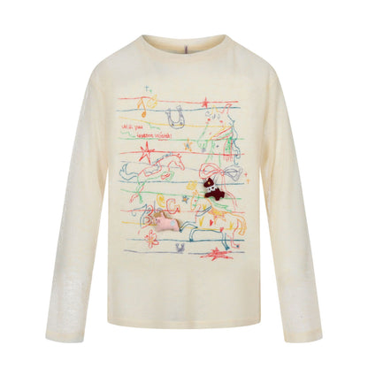graffiti printed lightweight cover-up T-shirt breathable round neck loose sunscreen long sleeve