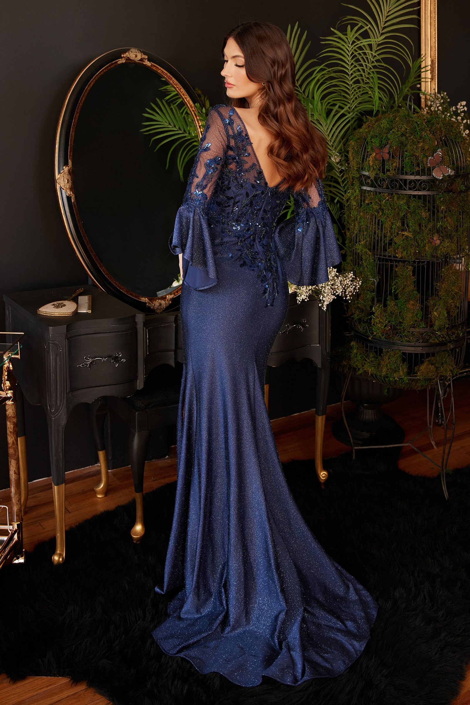 Long Bell Sleeve Lace &amp; Satin Gown