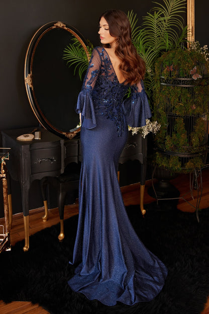 Long Bell Sleeve Lace &amp; Satin Gown