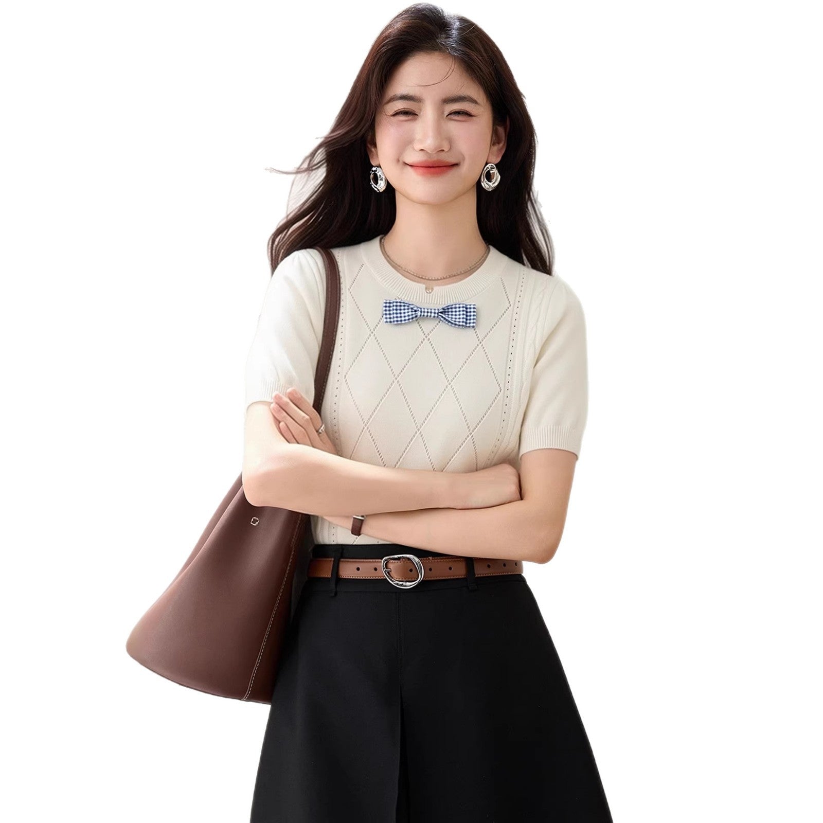 Bow Decorated Knit Regular Shoulder Short Sleeve T-Shirt for Women, Fitted Trendy Casual Top