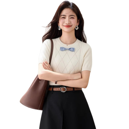 Bow Decorated Knit Regular Shoulder Short Sleeve T-Shirt for Women, Fitted Trendy Casual Top