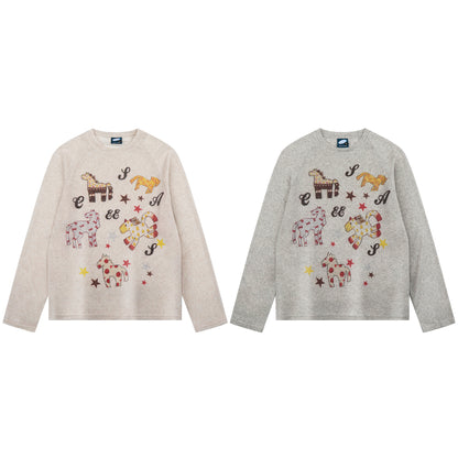 horse print loose top for women lightweight long-sleeve shirt