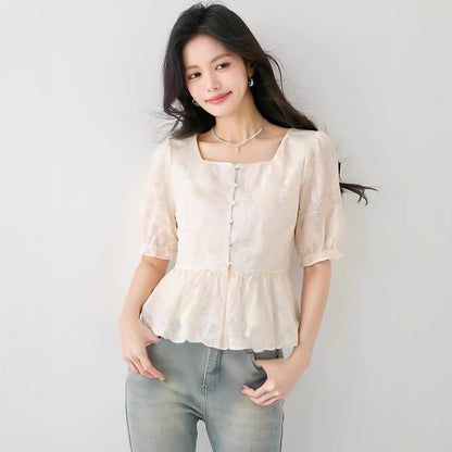 Chic Youthful Square Neck Short Sleeve Blouse for Women, Fitted Elegant Short Lace Top