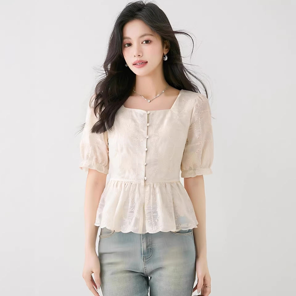 Chic Youthful Square Neck Short Sleeve Blouse for Women, Fitted Elegant Short Lace Top