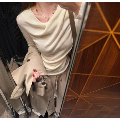 Fashion Sense Elastic Wool Off-Shoulder Top with Design Waistline, Slim Fit Inner Layer Shirt