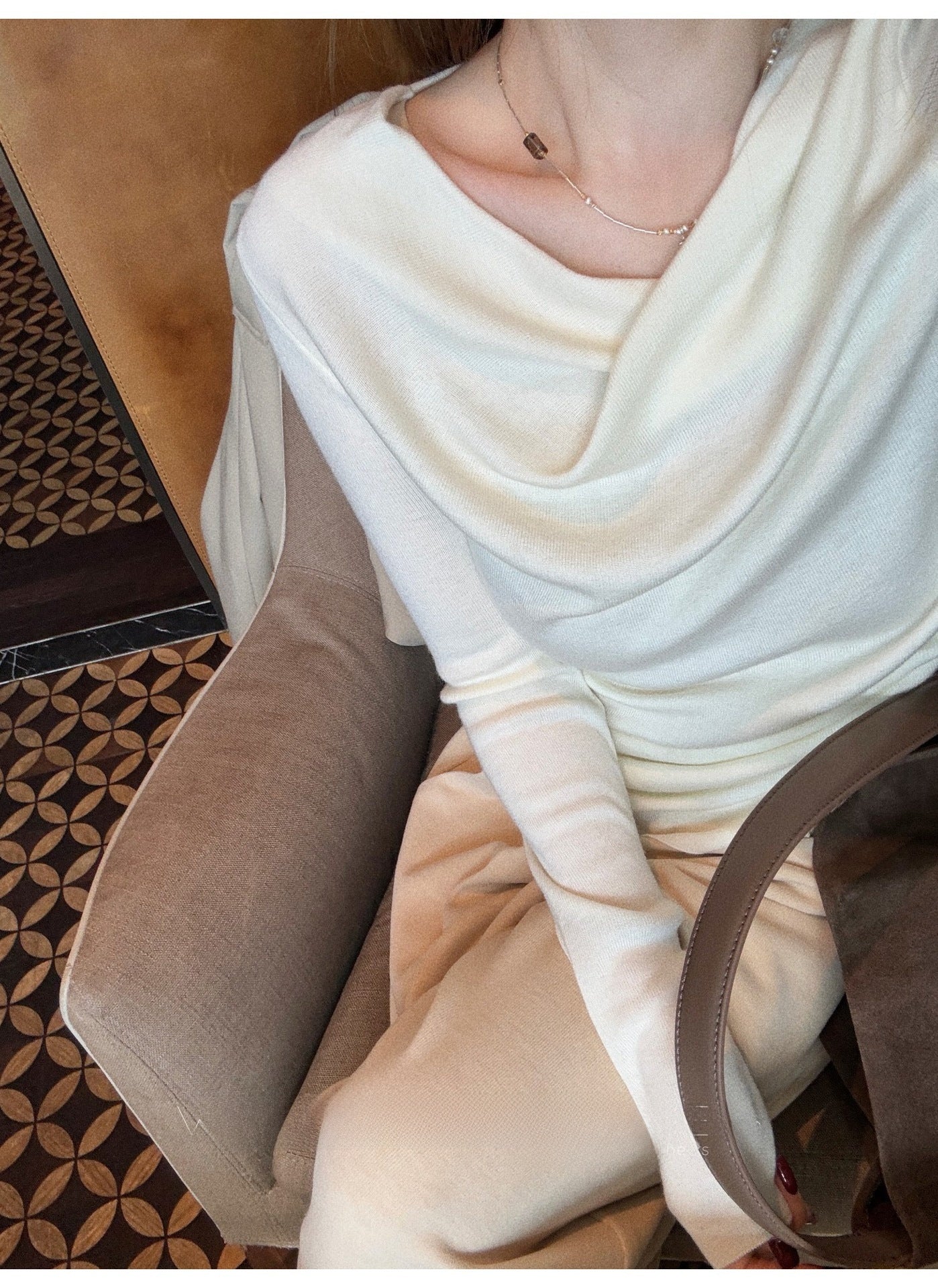 Fashion Sense Elastic Wool Off-Shoulder Top with Design Waistline, Slim Fit Inner Layer Shirt