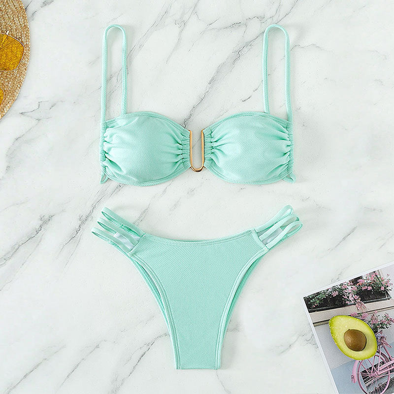 Solid Color Sexy Bikini Set, Three-Piece Beach Swimwear for Women